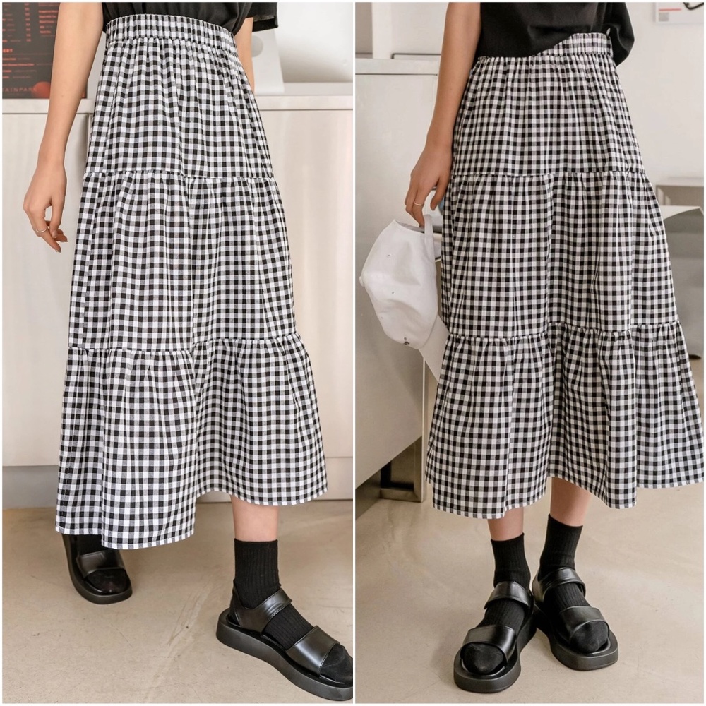Boho Gingham Ruffle Maxi Skirt